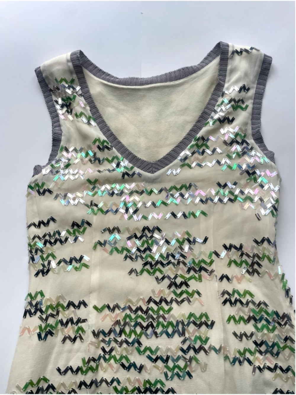 Silk Sequin Mini Dress Ivory Green Abstract Embellished Shift - Picture 6 of 7